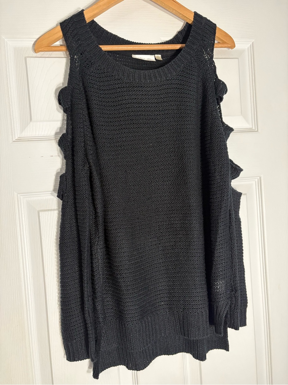 RD Style Black Cold-Shoulder Knit Sweater with Ruffle Details